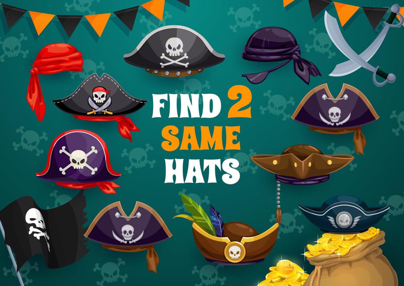 Find two same pirate tricorn, cocked hats, bandana vector