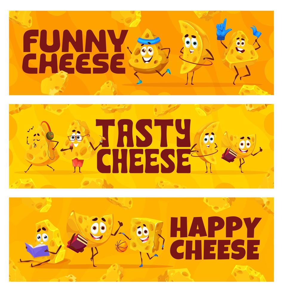 banners de personajes de queso gouda o maasdam de dibujos animados vector