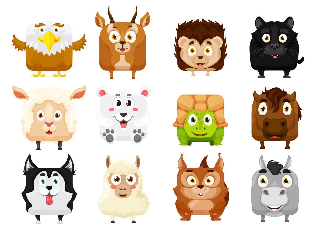 dibujos animados kawaii caras de animales cuadrados, conjunto de mascotas divertidas vector