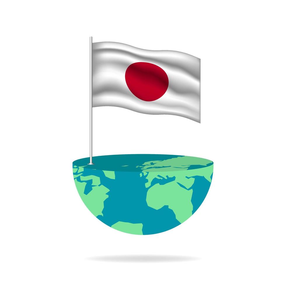 Japan flag pole on globe. Flag waving around the world. Easy editing and vector in groups. National flag vector illustration on white background.