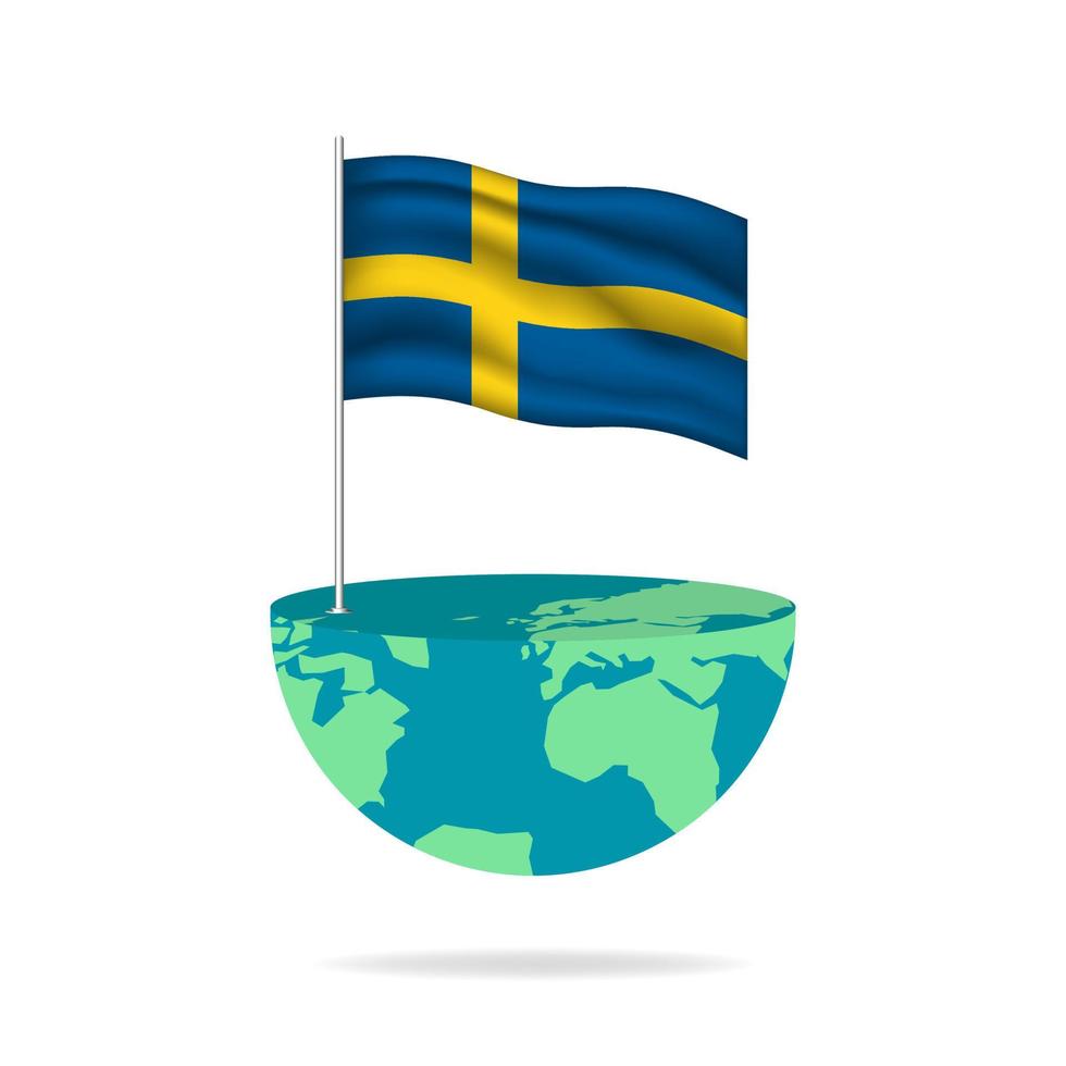 Sweden flag pole on globe. Flag waving around the world. Easy editing and vector in groups. National flag vector illustration on white background.