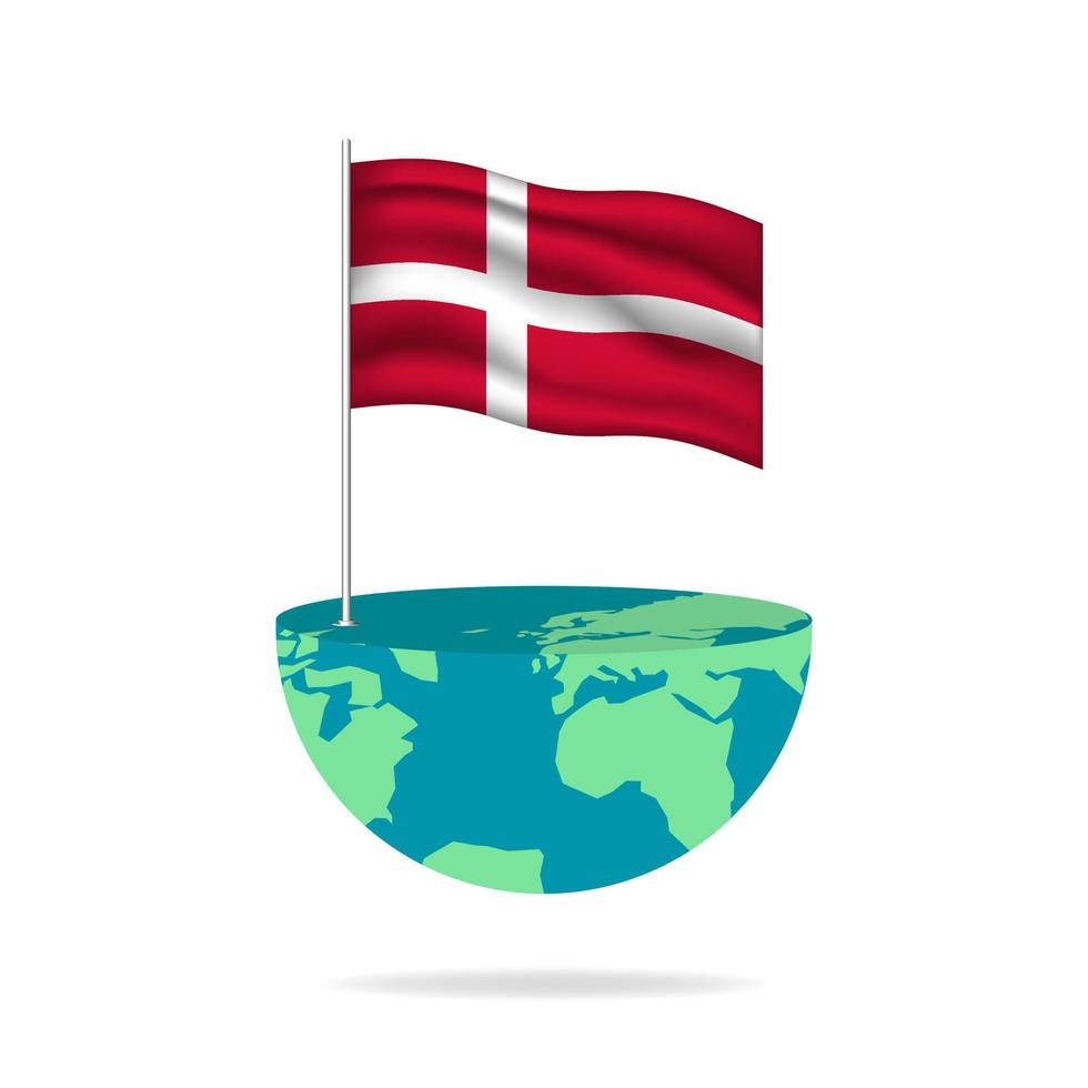 Denmark flag pole on globe. Flag waving around the world. Easy editing and vector in groups. National flag vector illustration on white background.