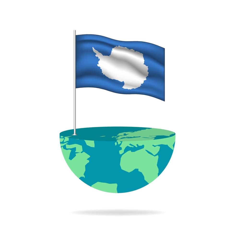 Antarctica flag pole on globe. Flag waving around the world. Easy editing and vector in groups. National flag vector illustration on white background.