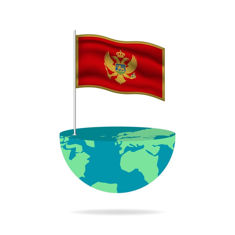 Montenegro flag pole on globe. Flag waving around the world. Easy editing and vector in groups. National flag vector illustration on white background.