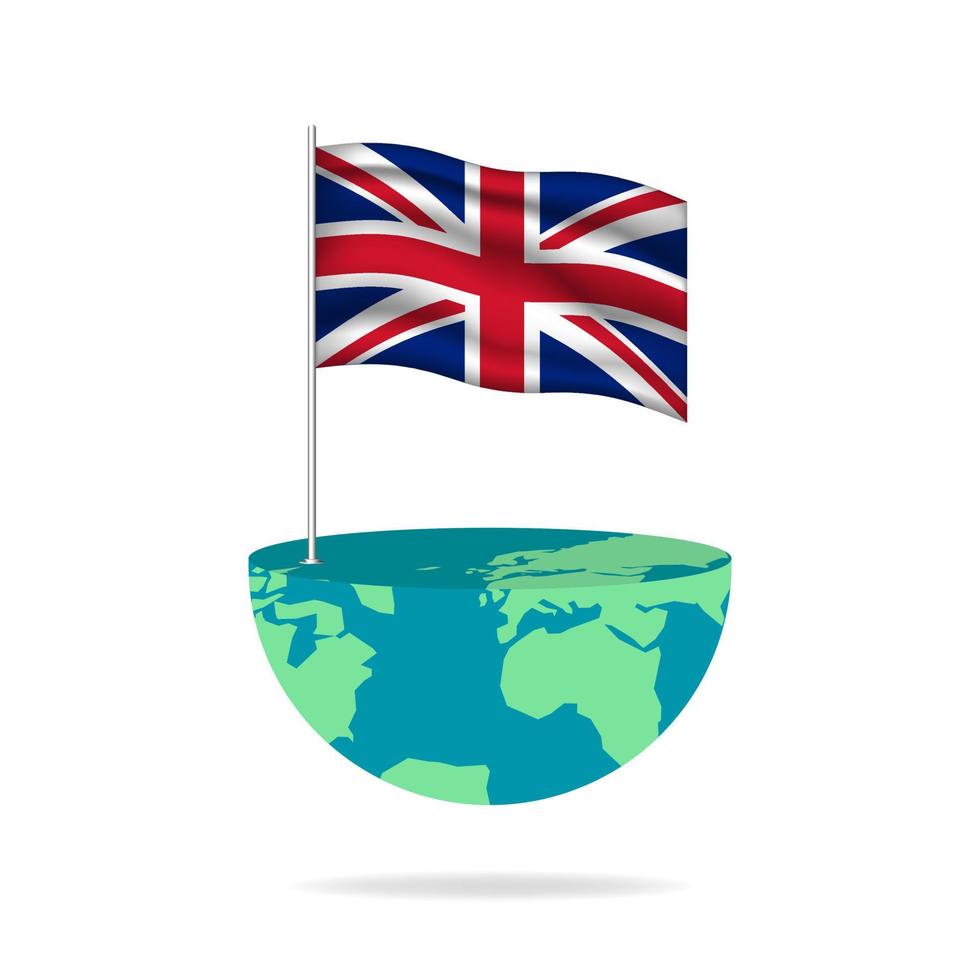 United Kingdom flag pole on globe. Flag waving around the world. Easy editing and vector in groups. National flag vector illustration on white background.