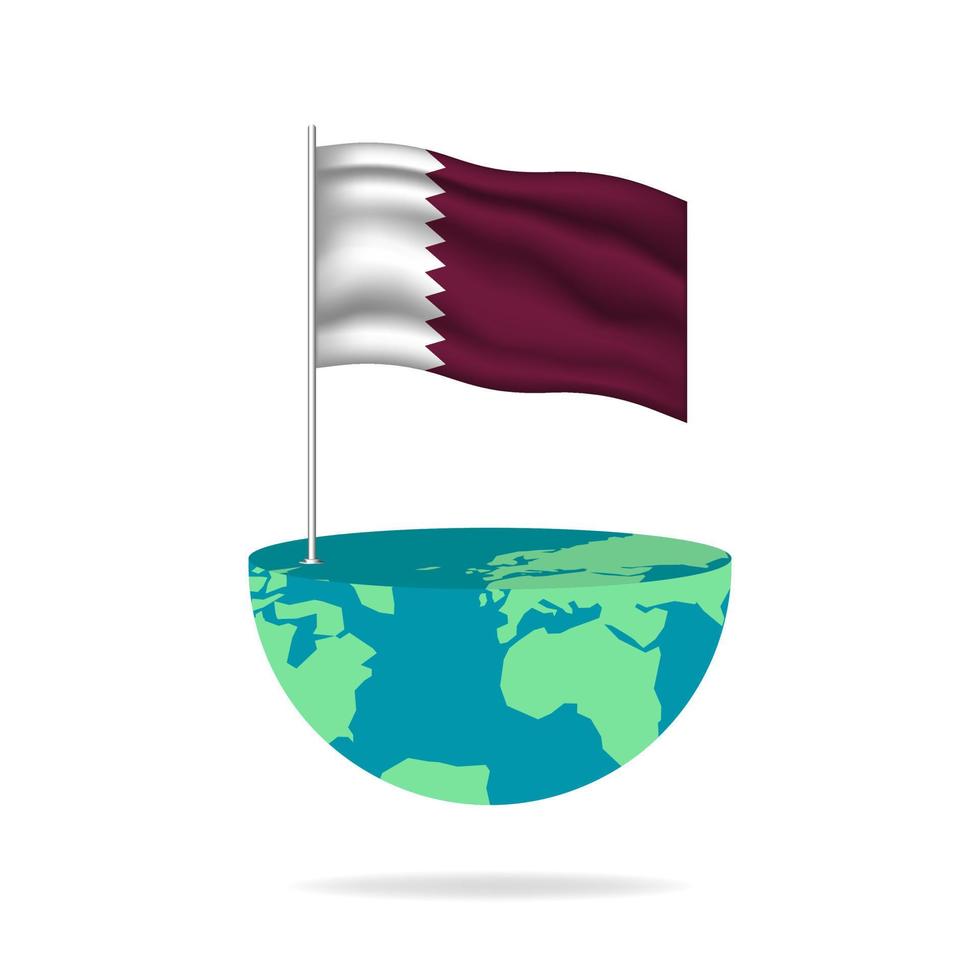 Qatar flag pole on globe. Flag waving around the world. Easy editing and vector in groups. National flag vector illustration on white background.