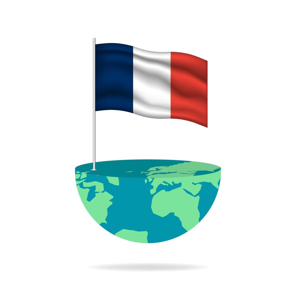 France flag pole on globe. Flag waving around the world. Easy editing and vector in groups. National flag vector illustration on white background.