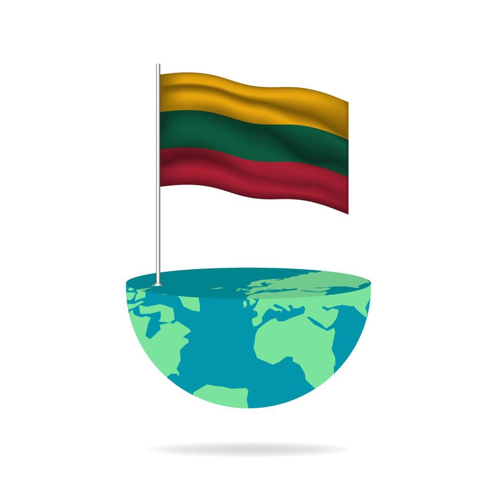 Lithuania flag pole on globe. Flag waving around the world. Easy editing and vector in groups. National flag vector illustration on white background.