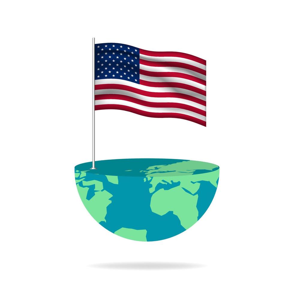 United States flag pole on globe. Flag waving around the world. Easy editing and vector in groups. National flag vector illustration on white background.