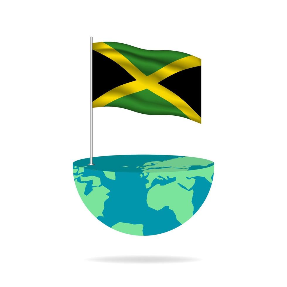 Jamaica flag pole on globe. Flag waving around the world. Easy editing and vector in groups. National flag vector illustration on white background.