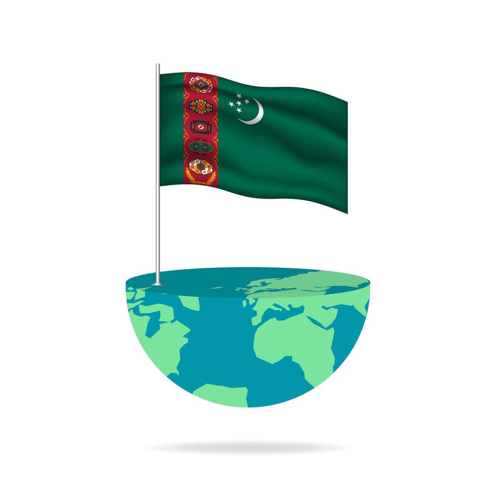 Turkmenistan flag pole on globe. Flag waving around the world. Easy editing and vector in groups. National flag vector illustration on white background.