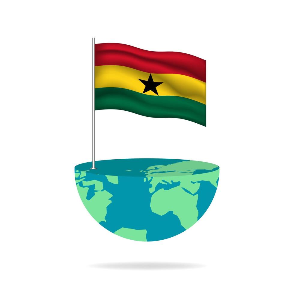 Ghana flag pole on globe. Flag waving around the world. Easy editing and vector in groups. National flag vector illustration on white background.