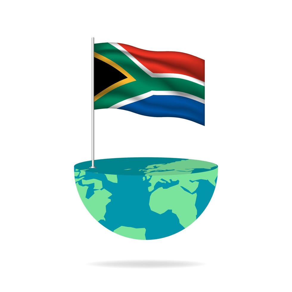 South Africa flag pole on globe. Flag waving around the world. Easy editing and vector in groups. National flag vector illustration on white background.