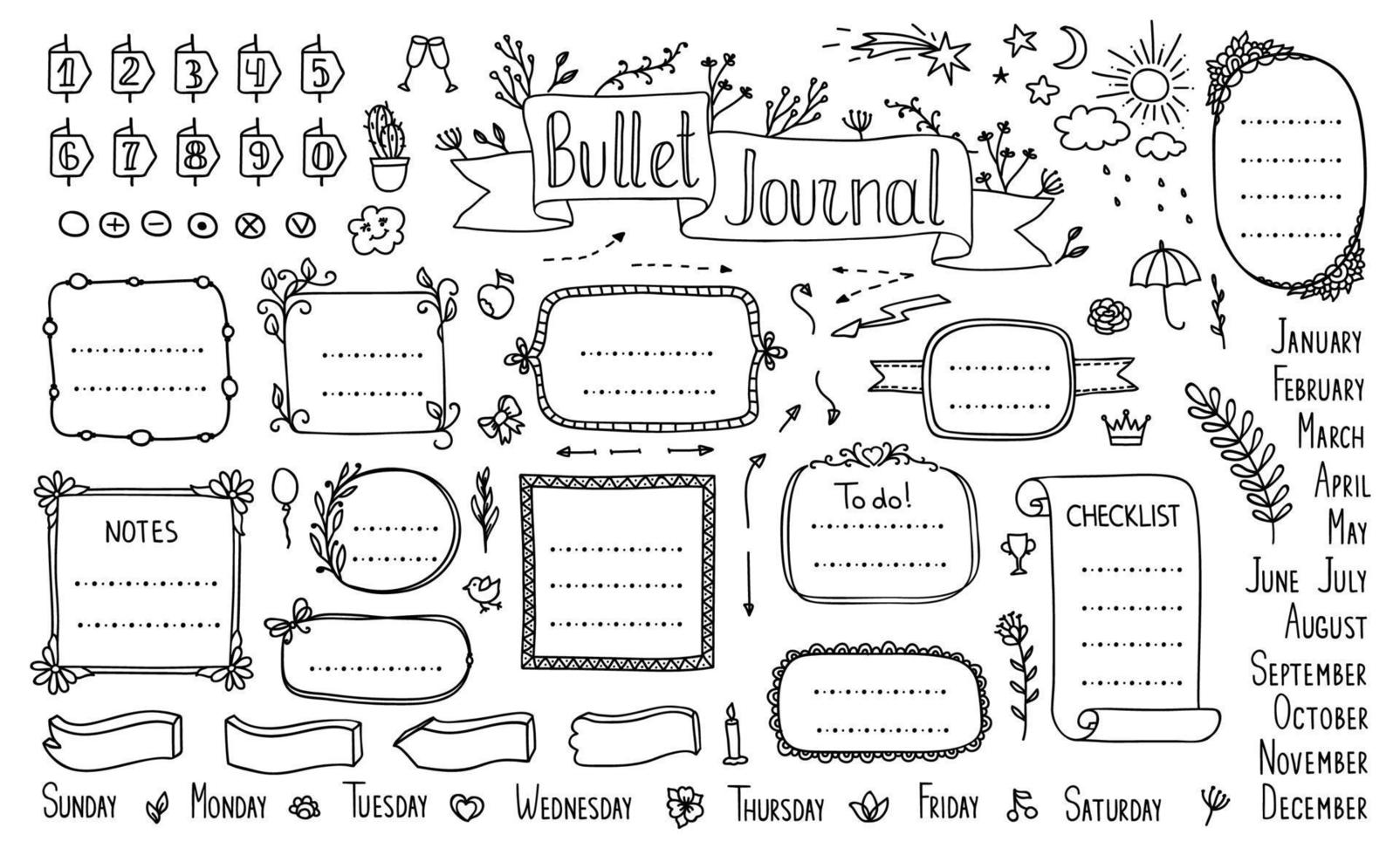 Bullet journal, doodle diary calendar elements vector