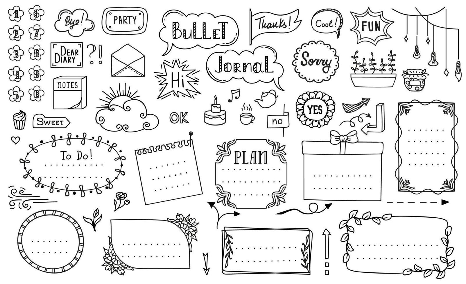 doodle bullet journal, marcos de cuaderno de diario vector