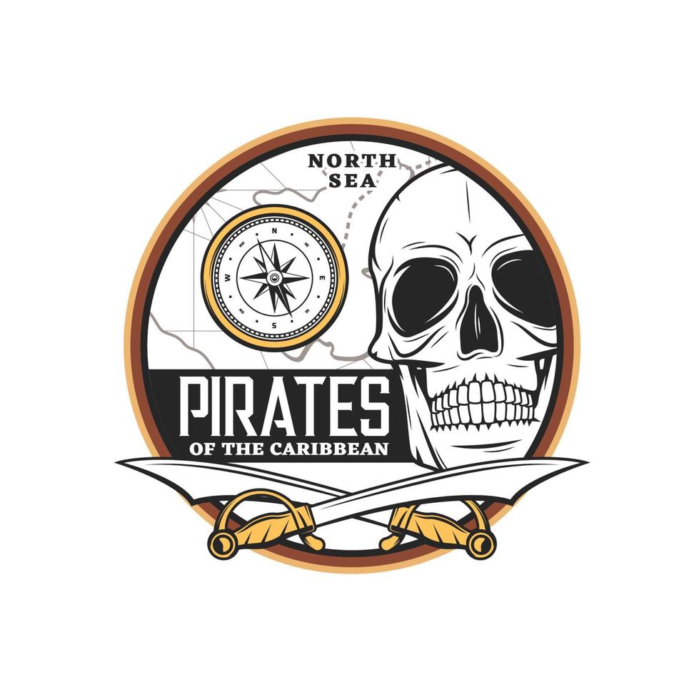 Pirate skull icon, skeleton, swords, treasure map vector