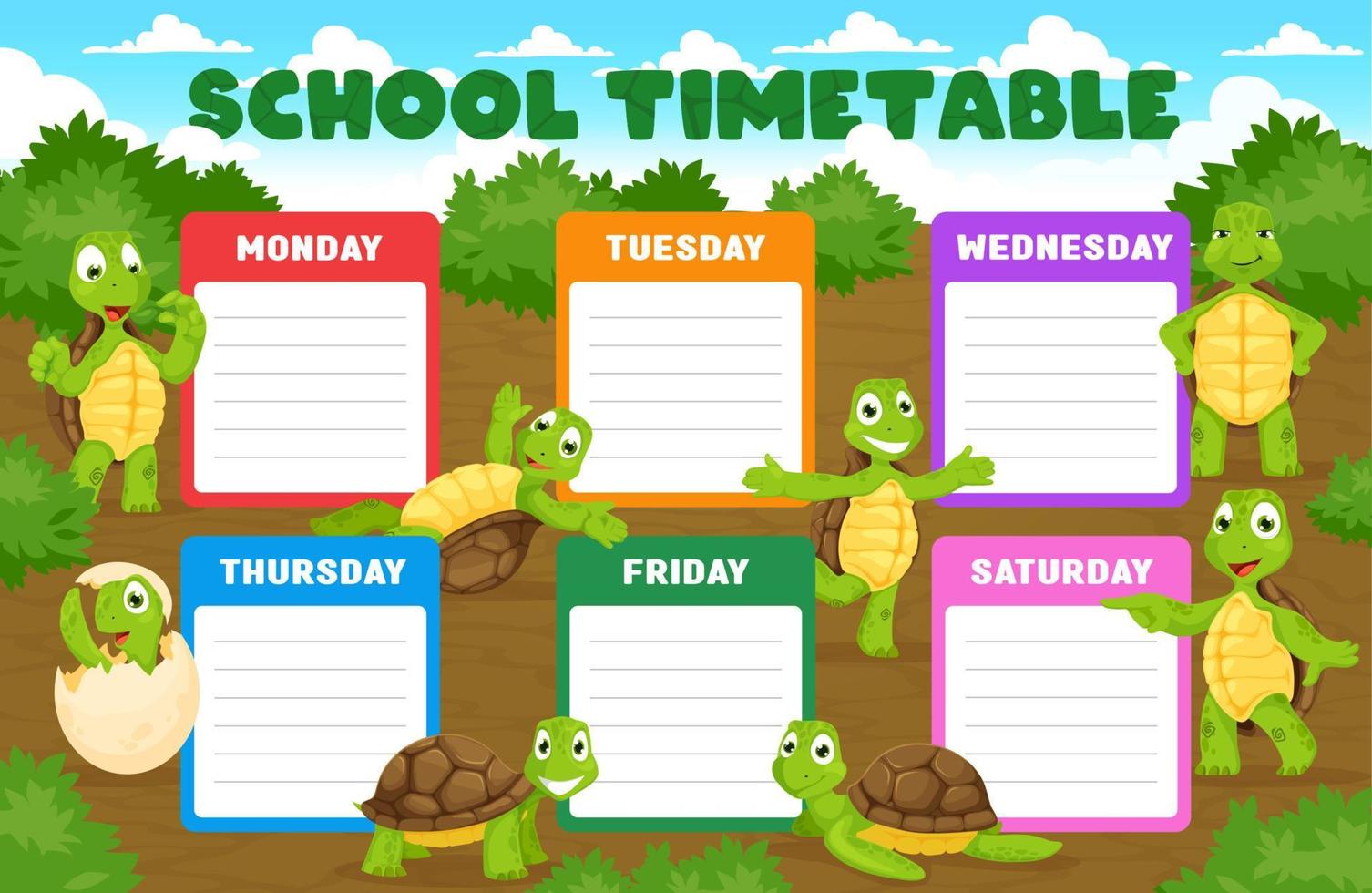 Education timetable schedule with cartoon turtles vector