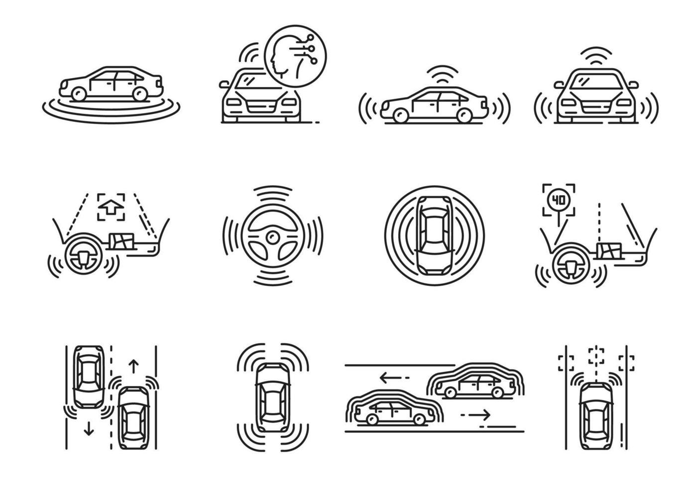 iconos de línea de coche sin conductor, vehículos autónomos vector