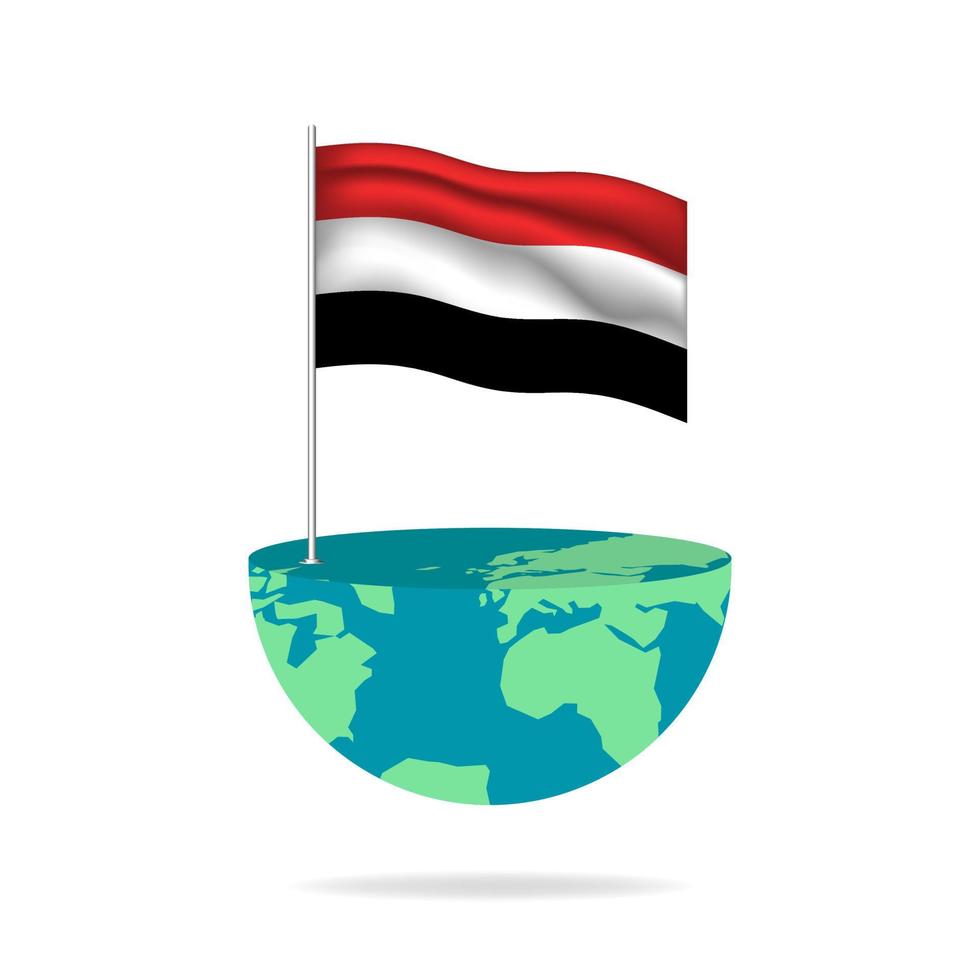 Yemen flag pole on globe. Flag waving around the world. Easy editing and vector in groups. National flag vector illustration on white background.