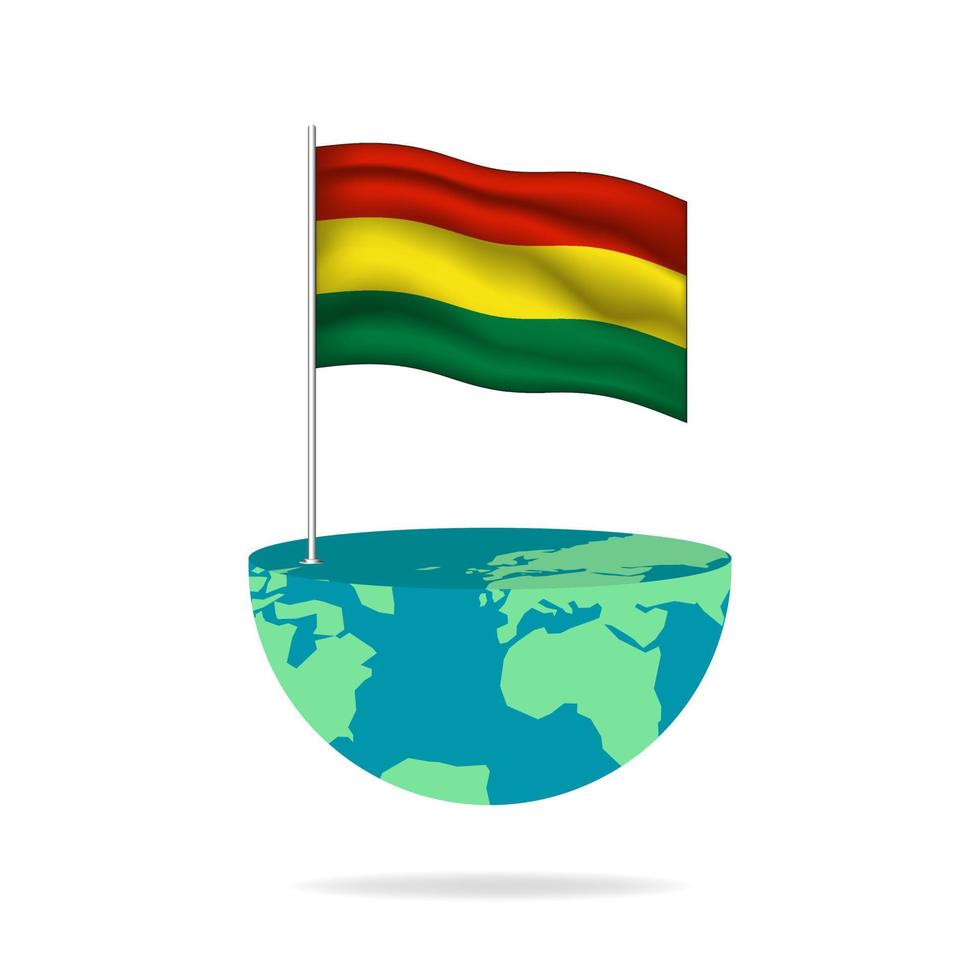 Bolivia flag pole on globe. Flag waving around the world. Easy editing and vector in groups. National flag vector illustration on white background.
