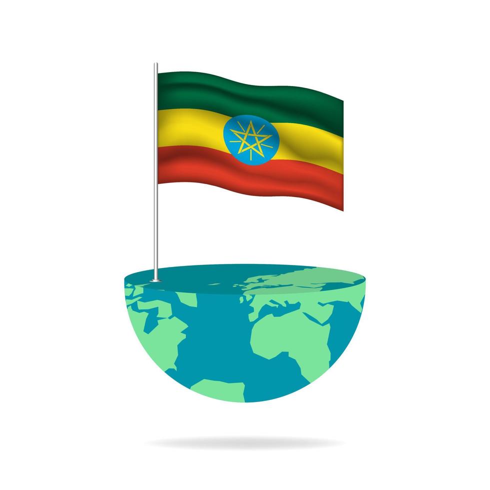 Ethiopia flag pole on globe. Flag waving around the world. Easy editing and vector in groups. National flag vector illustration on white background.