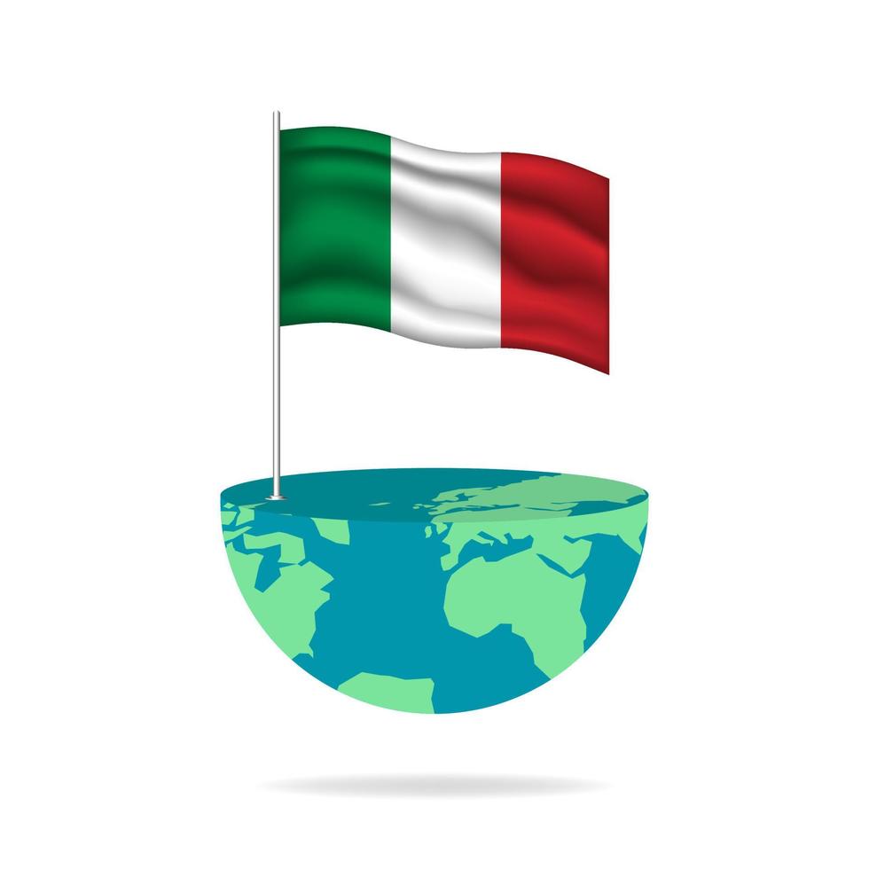 Italy flag pole on globe. Flag waving around the world. Easy editing and vector in groups. National flag vector illustration on white background.