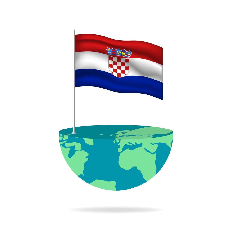 Croatia flag pole on globe. Flag waving around the world. Easy editing and vector in groups. National flag vector illustration on white background.