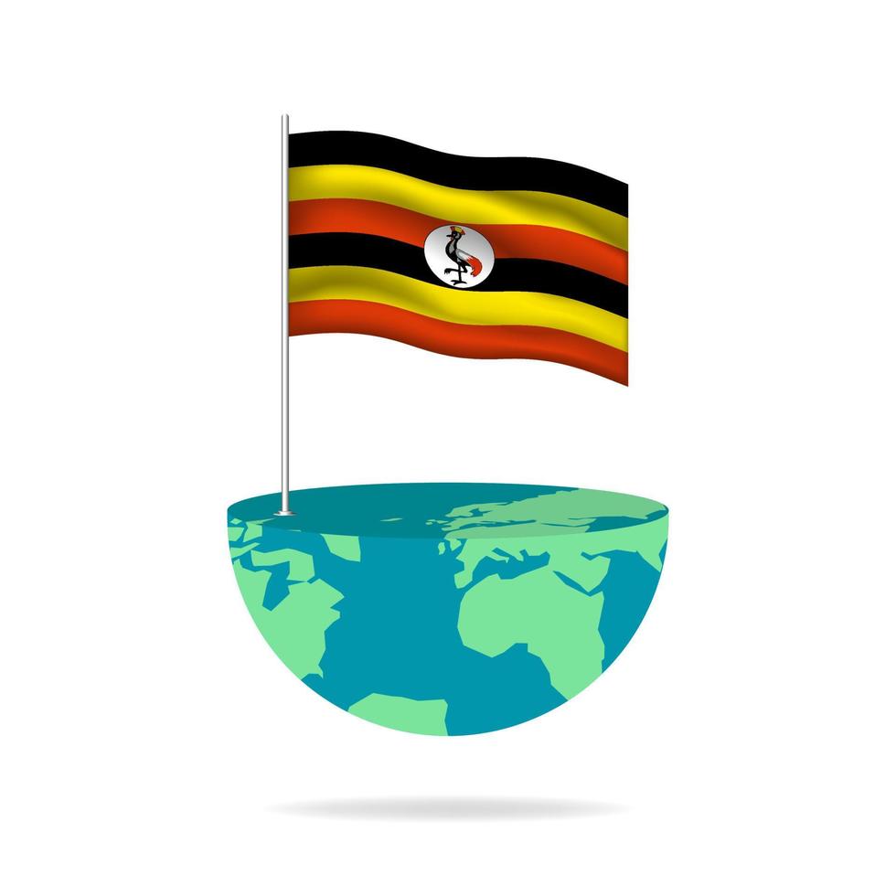 Uganda flag pole on globe. Flag waving around the world. Easy editing and vector in groups. National flag vector illustration on white background.