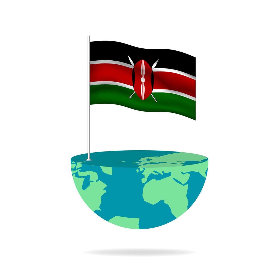 Kenya flag pole on globe. Flag waving around the world. Easy editing and vector in groups. National flag vector illustration on white background.