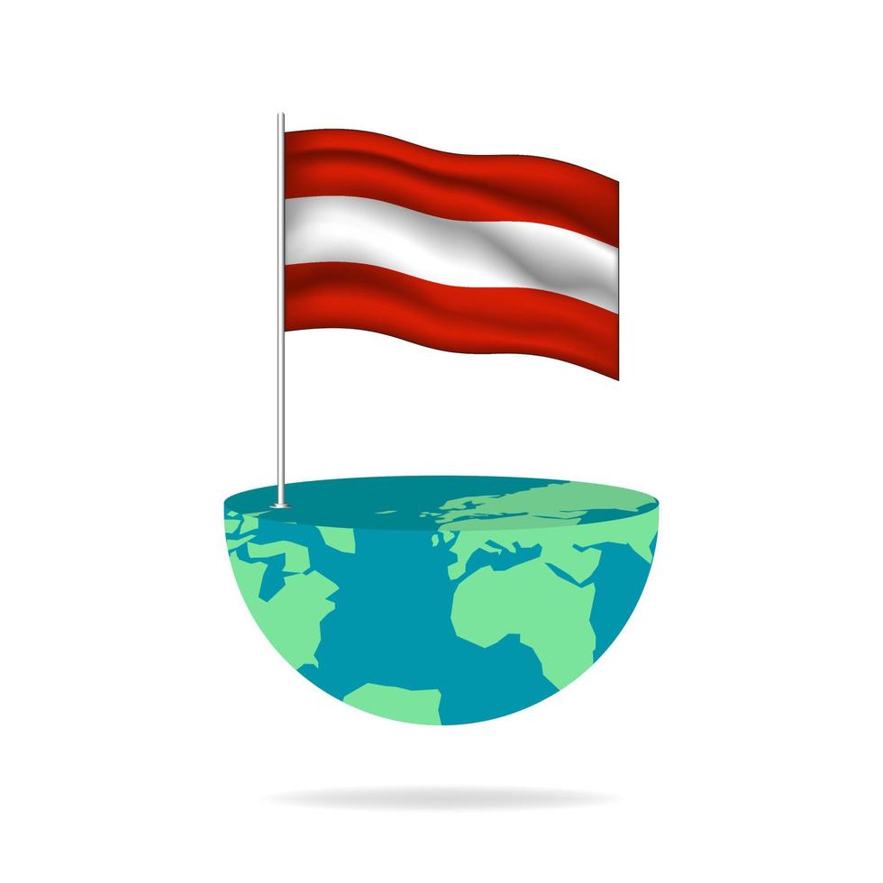 Austria flag pole on globe. Flag waving around the world. Easy editing and vector in groups. National flag vector illustration on white background.