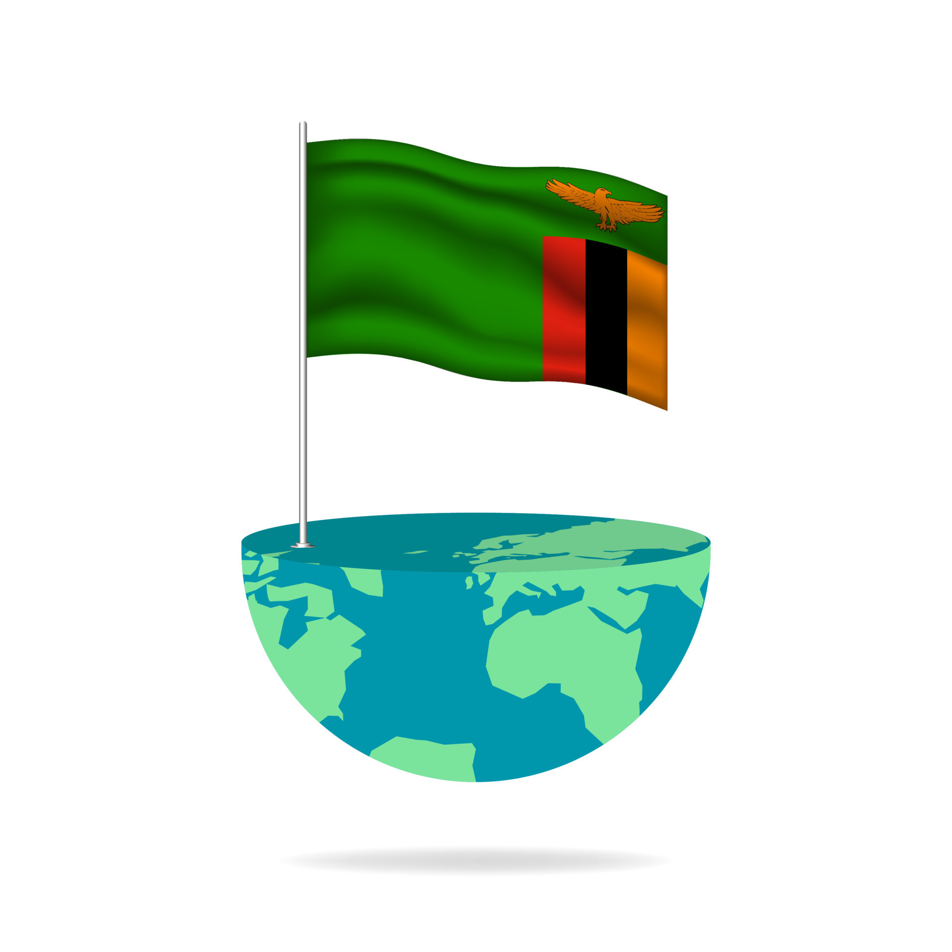 Zambia flag pole on globe. Flag waving around the world. Easy editing