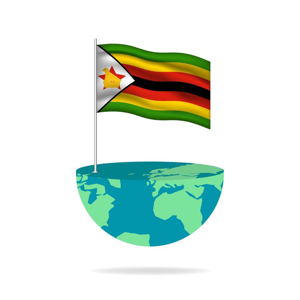 Zimbabwe flag pole on globe. Flag waving around the world. Easy editing and vector in groups. National flag vector illustration on white background.