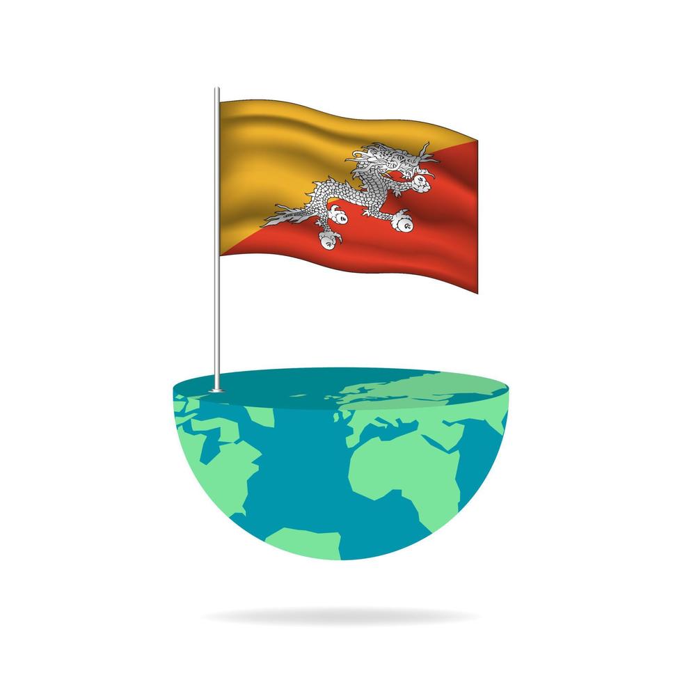 Bhutan flag pole on globe. Flag waving around the world. Easy editing and vector in groups. National flag vector illustration on white background.