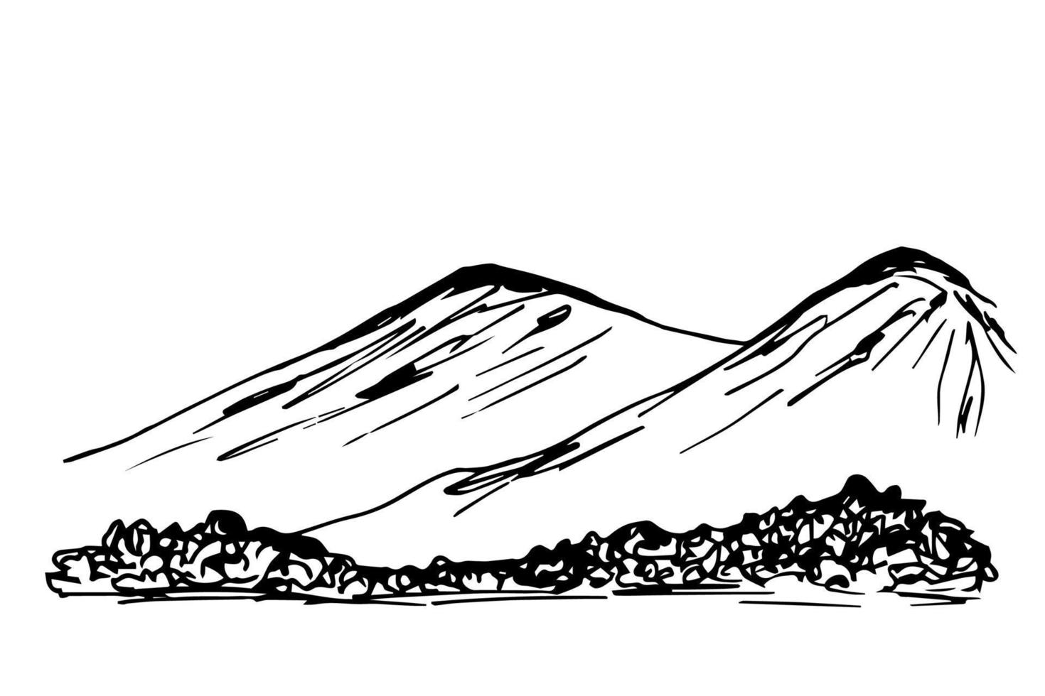 Hand-drawn simple vector landscape in black outline. Trees, bushes in the foreground, mountains on the horizon, hills. Wildlife, tourism, nature, travel.