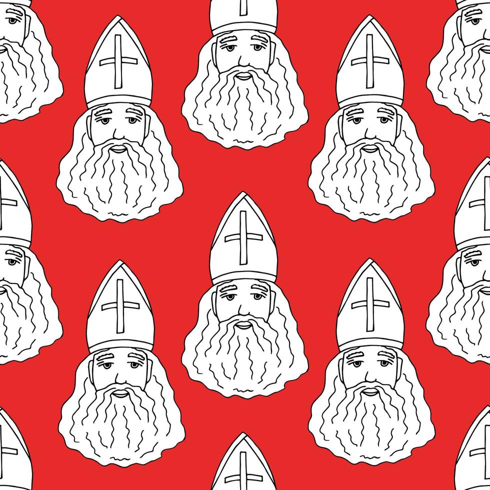 White silhouette of Sinterklaas on a bright red background. Hand-drawn simple vector seamless pattern for New Year, Christmas design. Traditional holiday, the day of St. Nicholas. Gift wrapping.