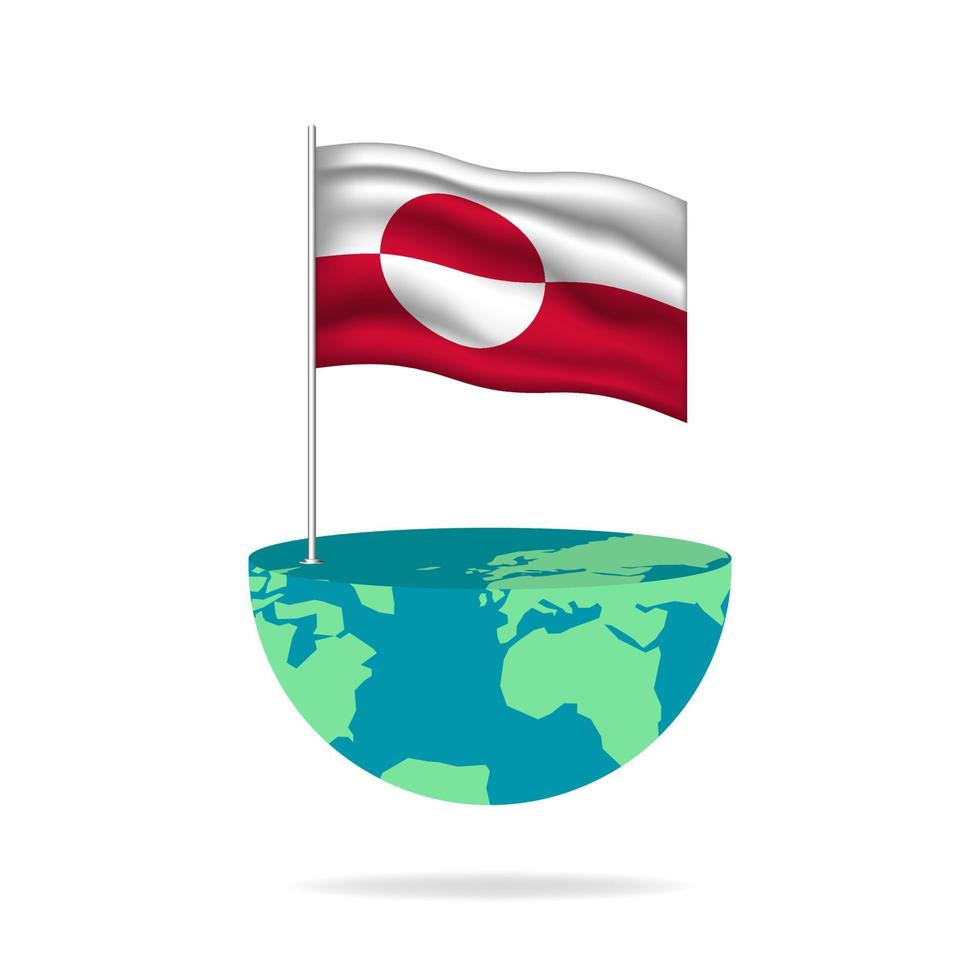 Greenland flag pole on globe. Flag waving around the world. Easy editing and vector in groups. National flag vector illustration on white background.