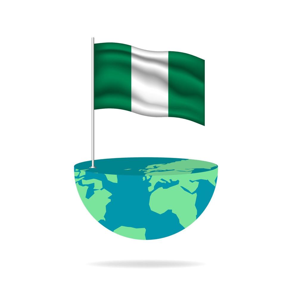 Nigeria flag pole on globe. Flag waving around the world. Easy editing and vector in groups. National flag vector illustration on white background.