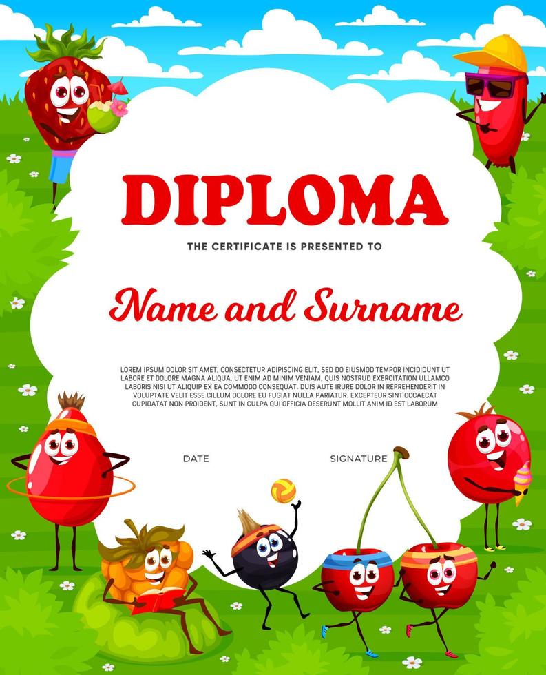 Cartoon berry characters on meadow kids diploma vector