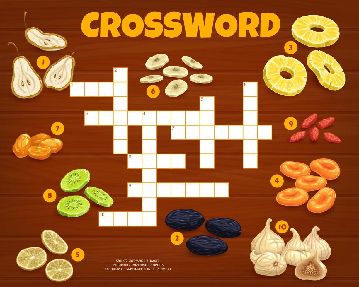 Crossword grid, find word game with dried fruits vector