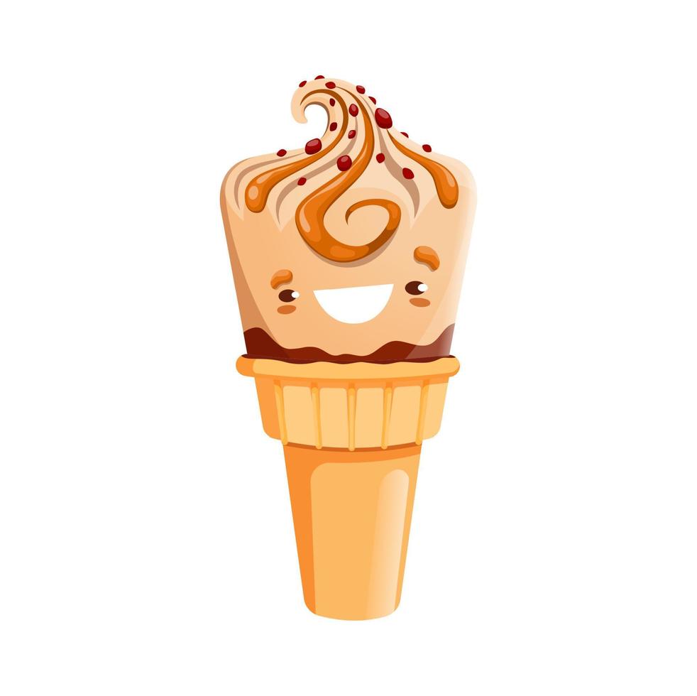 personaje de postre de helado de dibujos animados, cono de galleta vector