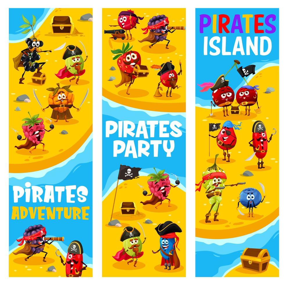 Cartoon funny berry pirates and corsairs on island vector
