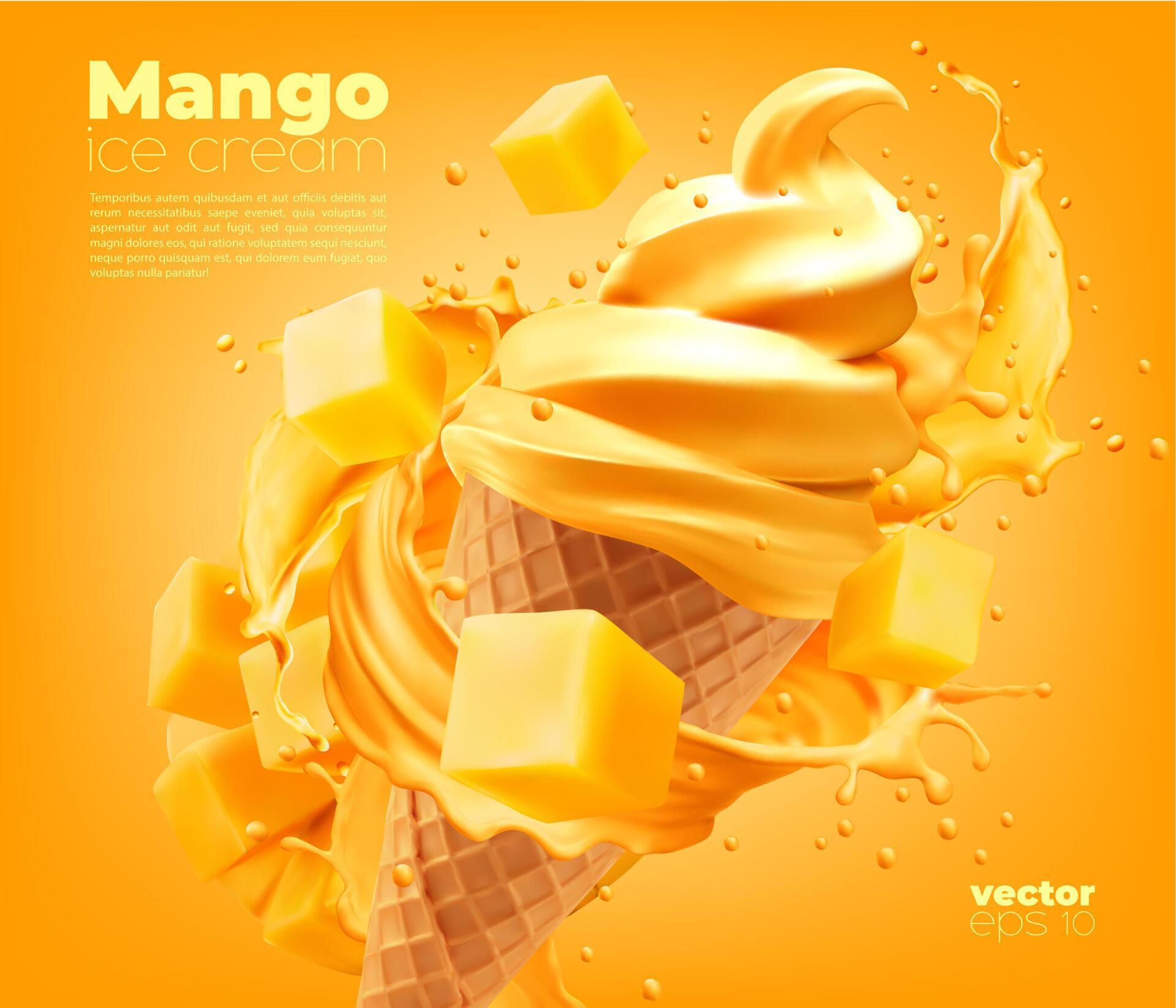 Mango soft ice cream cone with fruit splash 11353557 Vector Art at Vecteezy