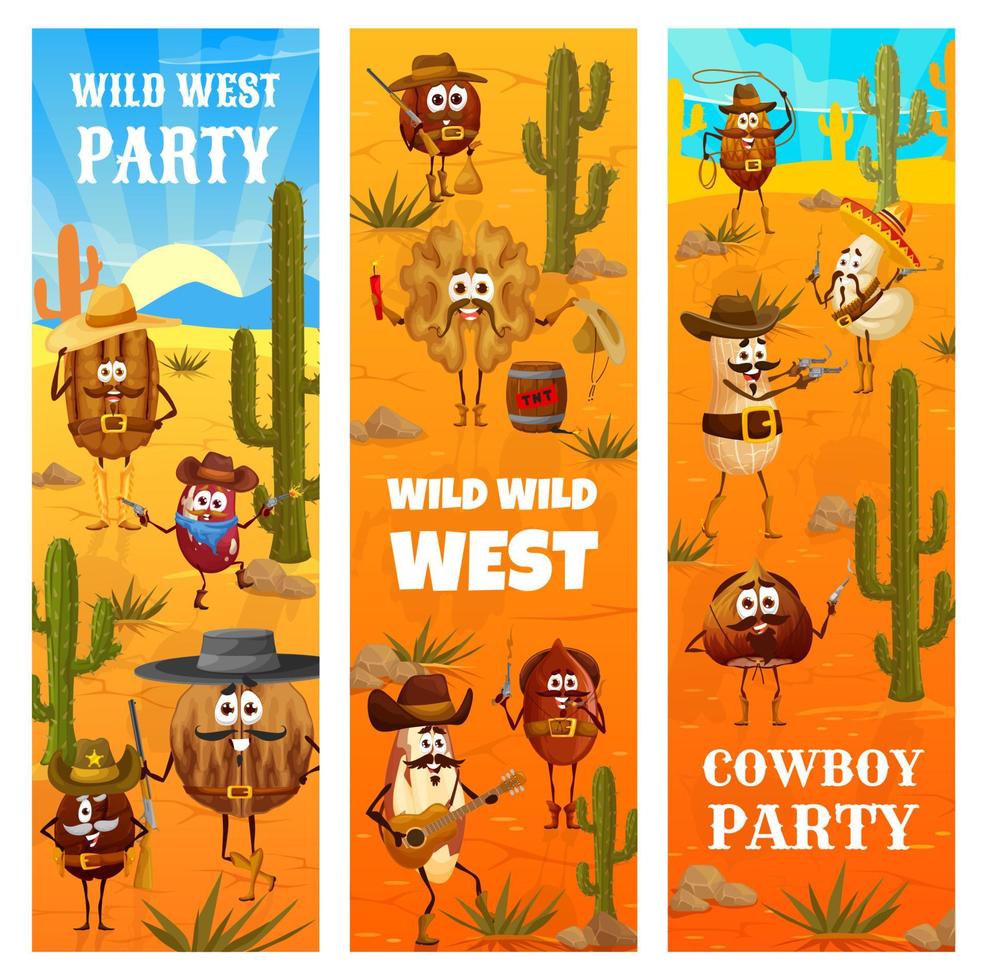 Wild west cartoon cowboy, ranger nut characters vector