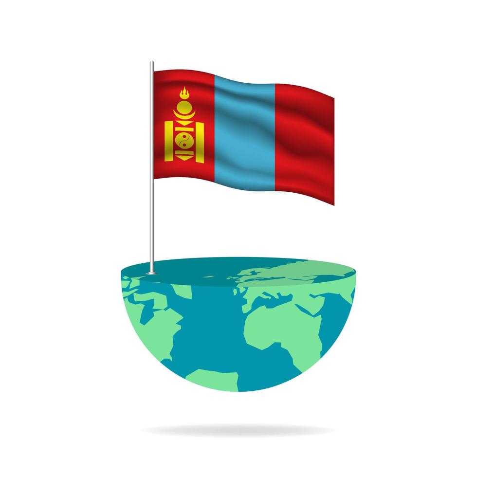 Mongolia flag pole on globe. Flag waving around the world. Easy editing and vector in groups. National flag vector illustration on white background.