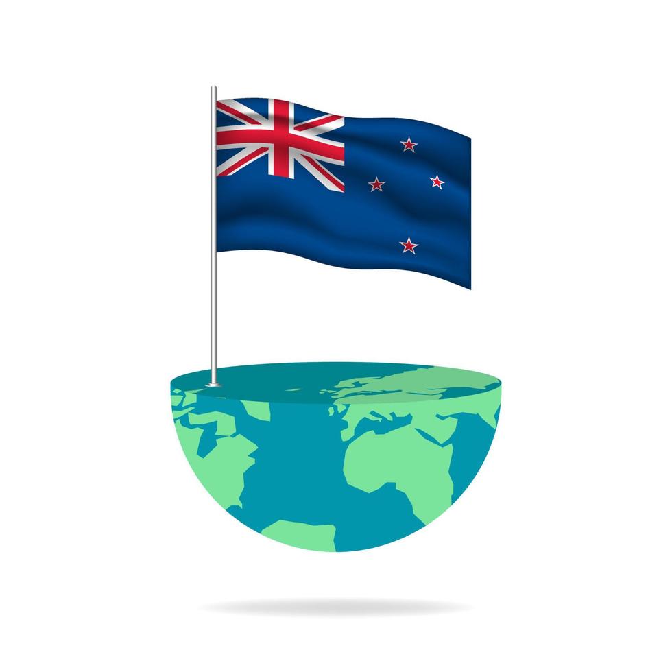 New Zealand flag pole on globe. Flag waving around the world. Easy editing and vector in groups. National flag vector illustration on white background.