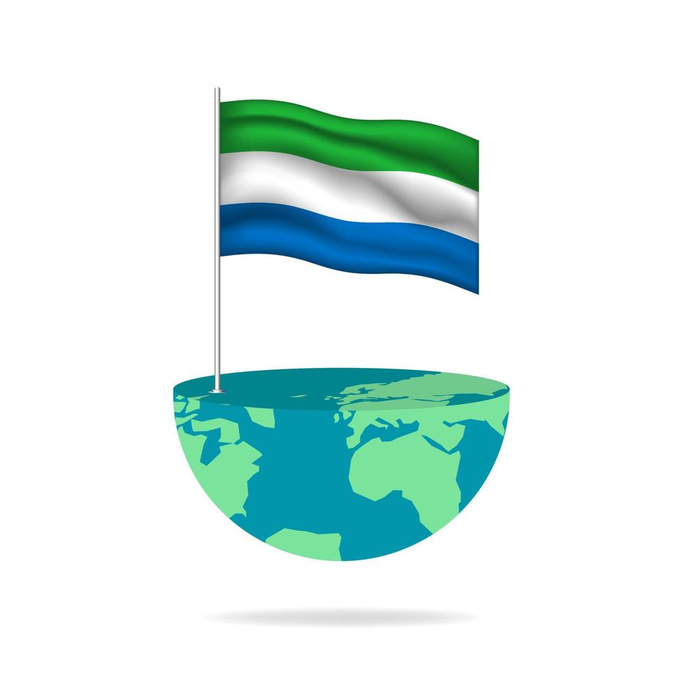 Sierra Leone flag pole on globe. Flag waving around the world. Easy editing and vector in groups. National flag vector illustration on white background.