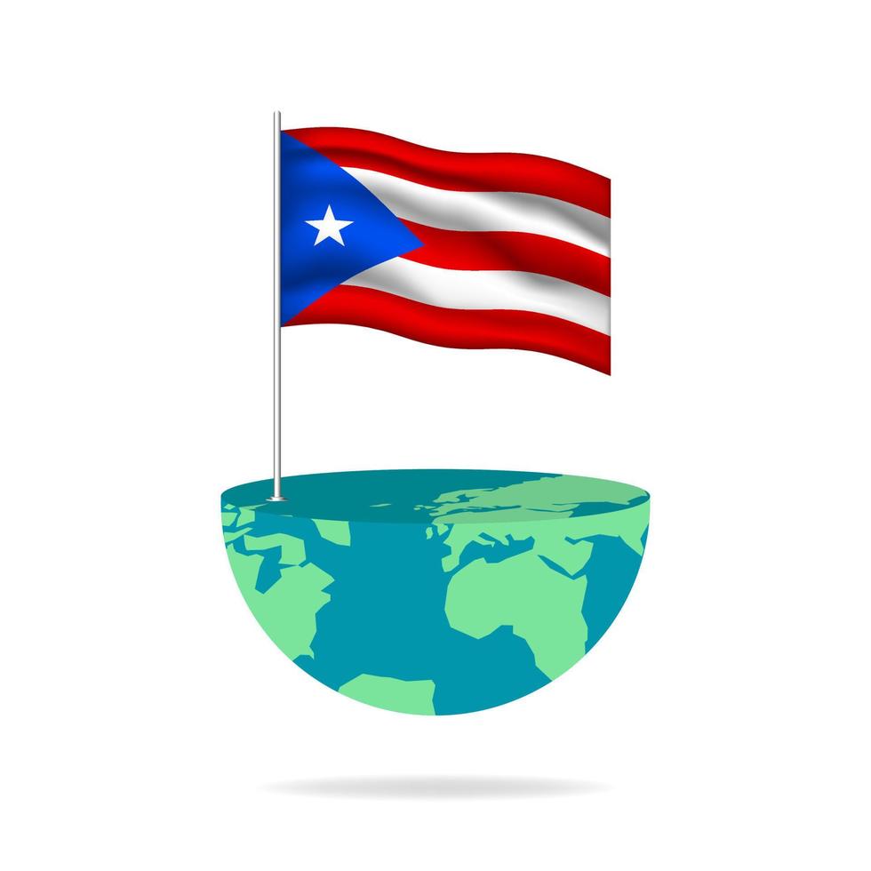 Puerto Rico flag pole on globe. Flag waving around the world. Easy editing and vector in groups. National flag vector illustration on white background.