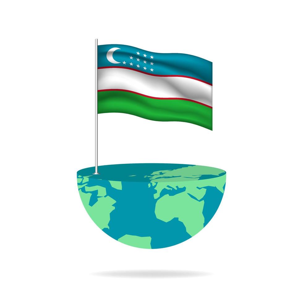 Uzbekistan flag pole on globe. Flag waving around the world. Easy editing and vector in groups. National flag vector illustration on white background.