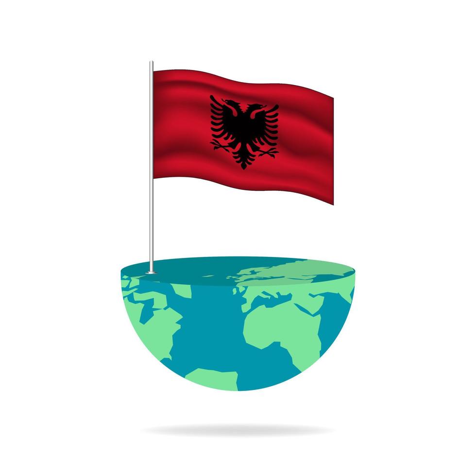 Albania flag pole on globe. Flag waving around the world. Easy editing and vector in groups. National flag vector illustration on white background.