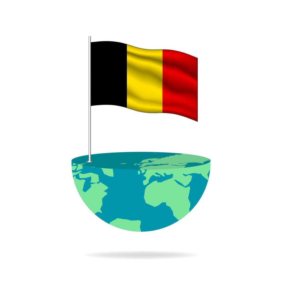 Belgium flag pole on globe. Flag waving around the world. Easy editing and vector in groups. National flag vector illustration on white background.